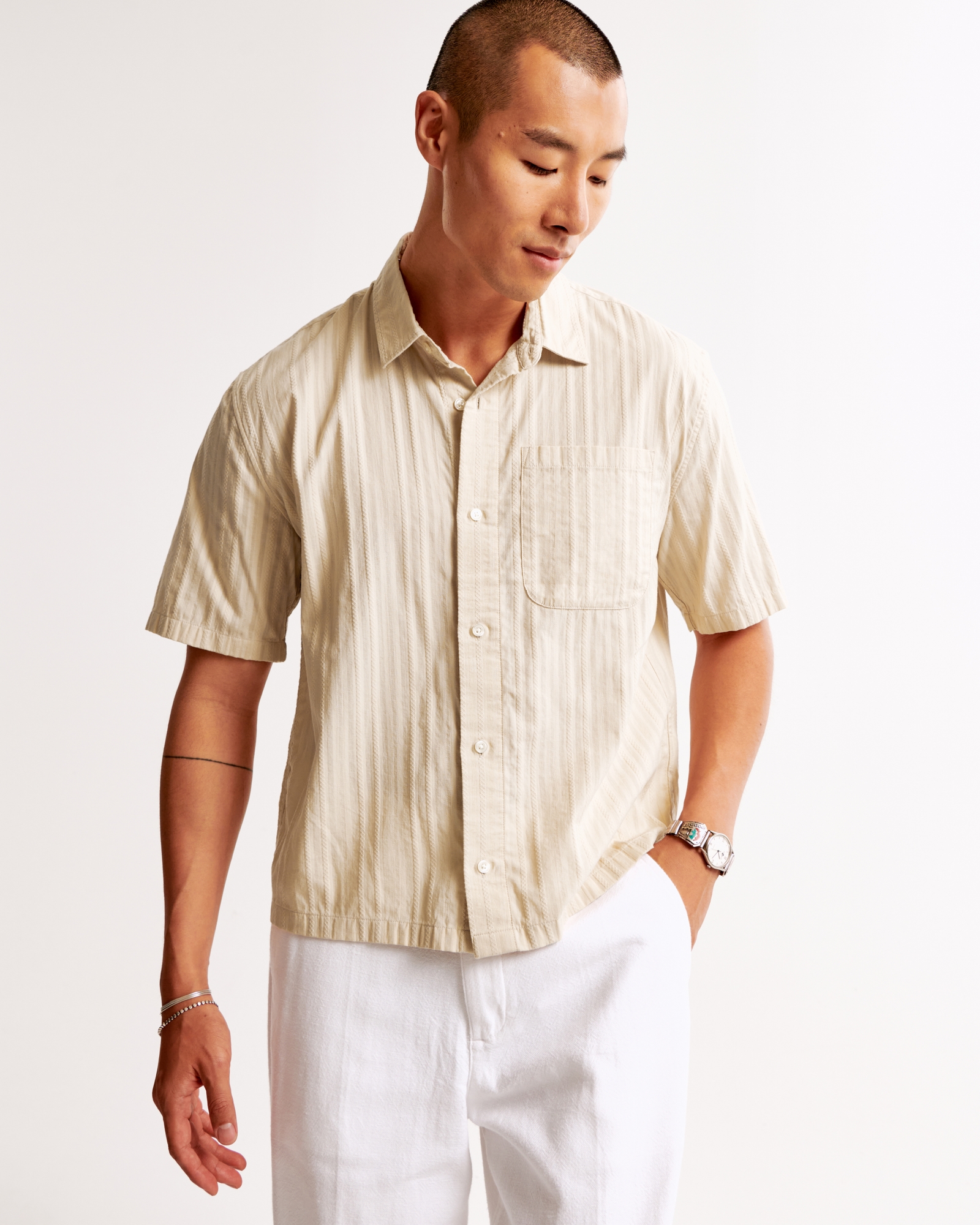 Short-Sleeve Cropped Textured Button-Up Shirt