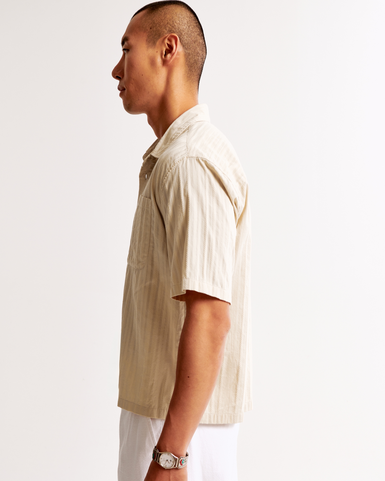 Short-Sleeve Cropped Textured Button-Up Shirt