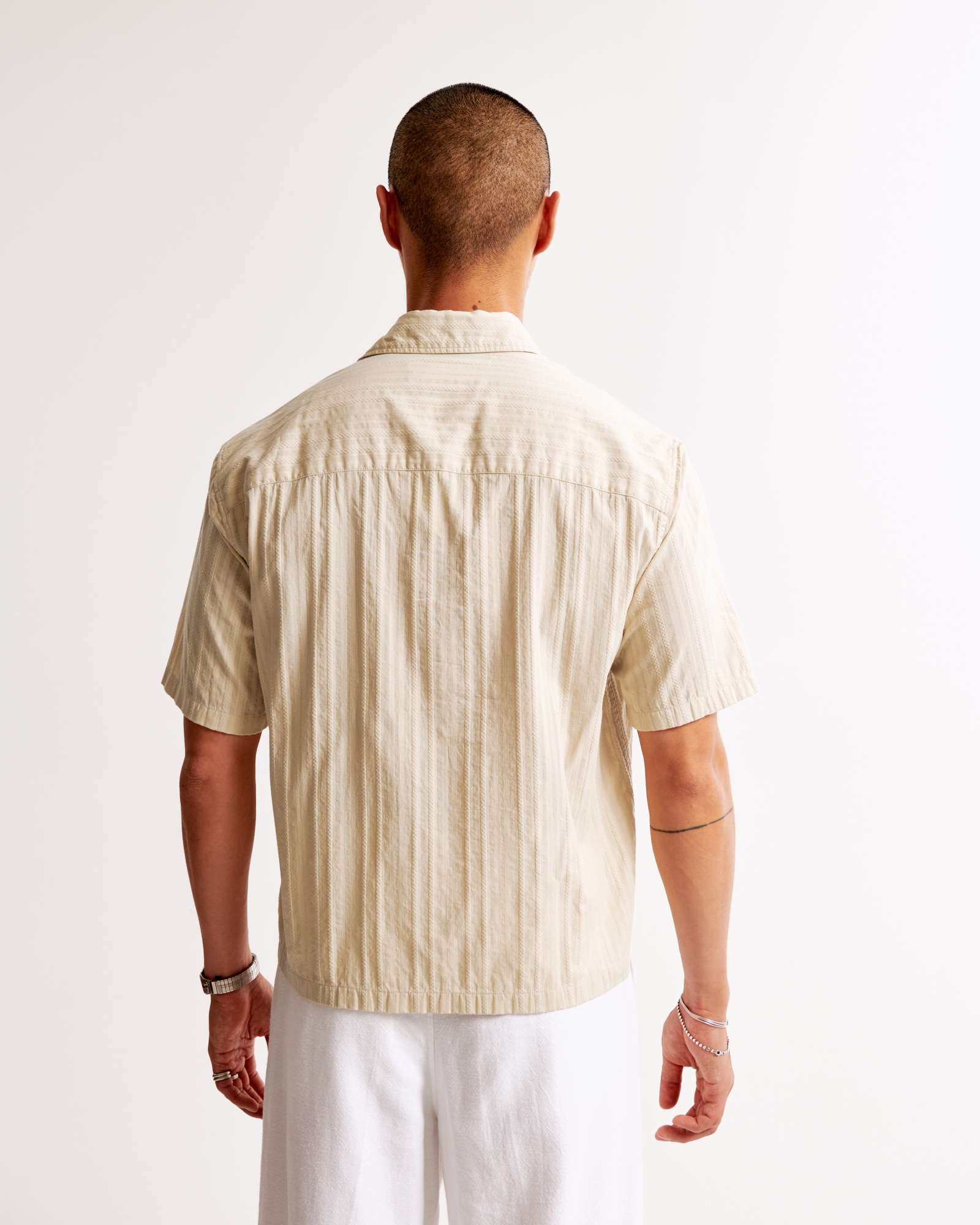 Short-Sleeve Cropped Textured Button-Up Shirt