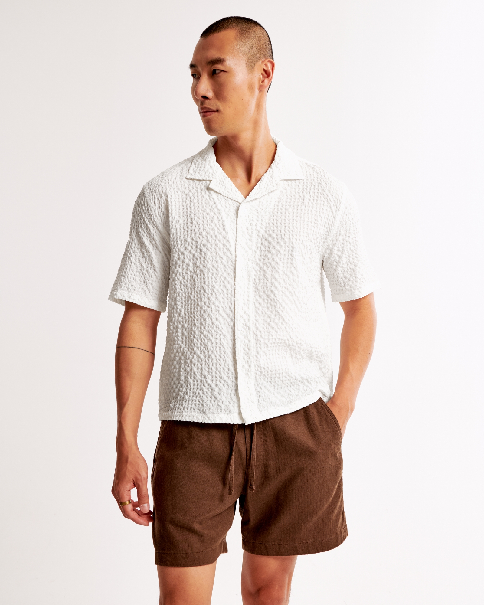 Camp Collar Cropped Textured Shirt