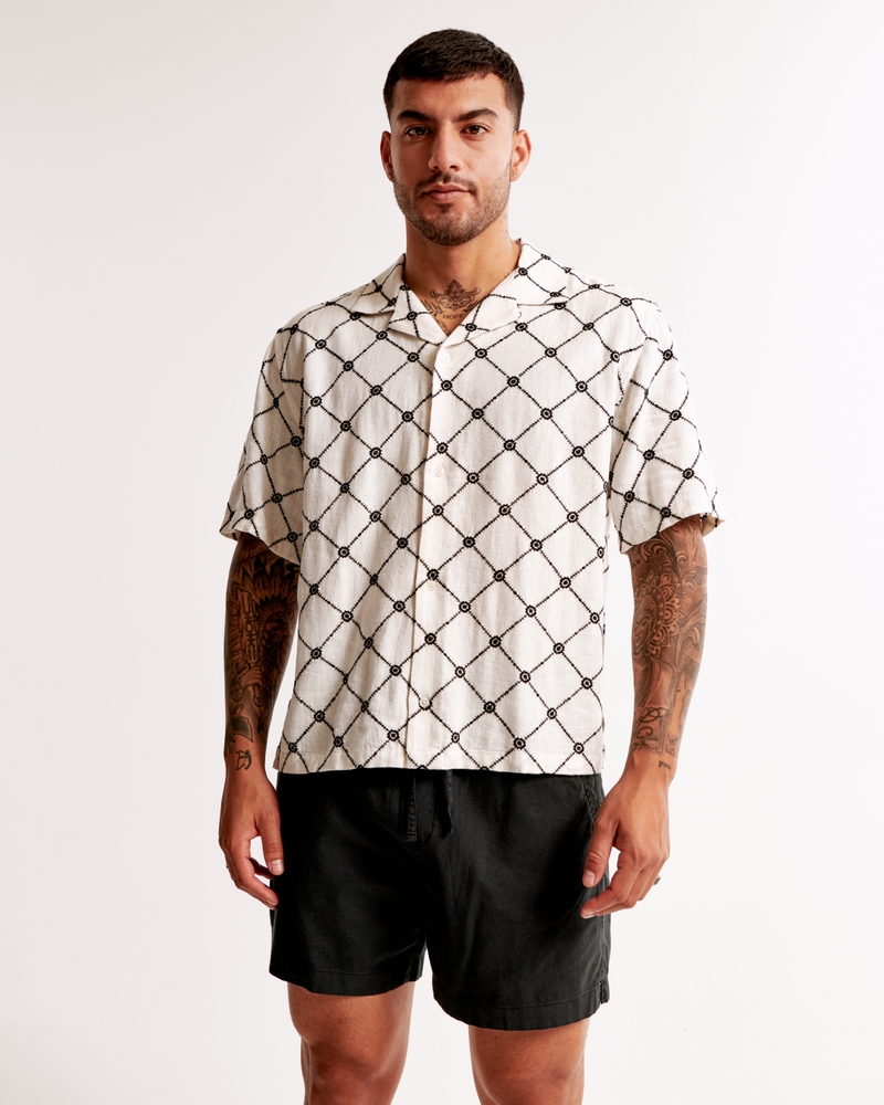 Camp Collar Cropped Summer Linen-Blend Embroidered Shirt