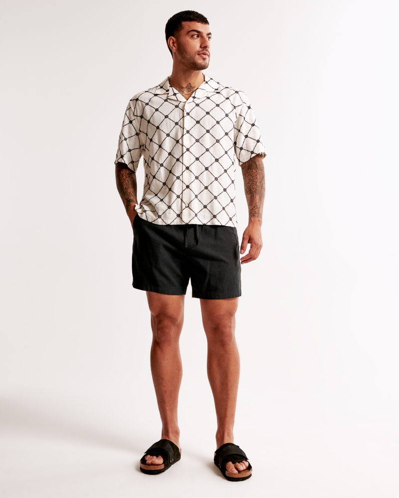 Camp Collar Cropped Summer Linen-Blend Embroidered Shirt