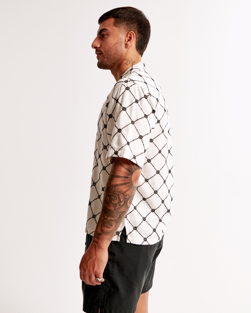 Camp Collar Cropped Summer Linen-Blend Embroidered Shirt