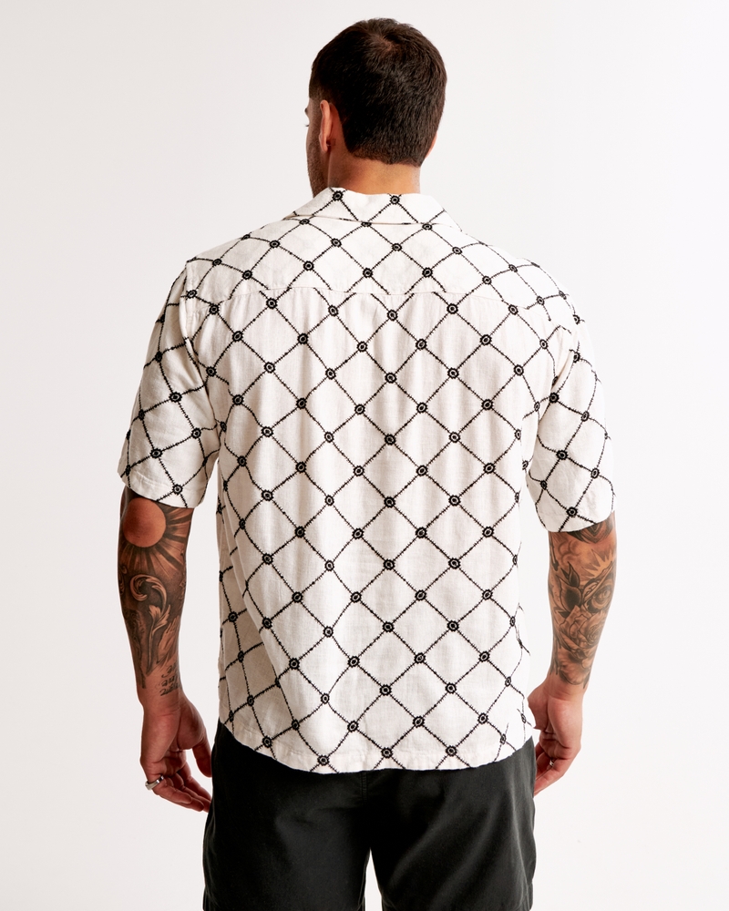 Camp Collar Cropped Summer Linen-Blend Embroidered Shirt