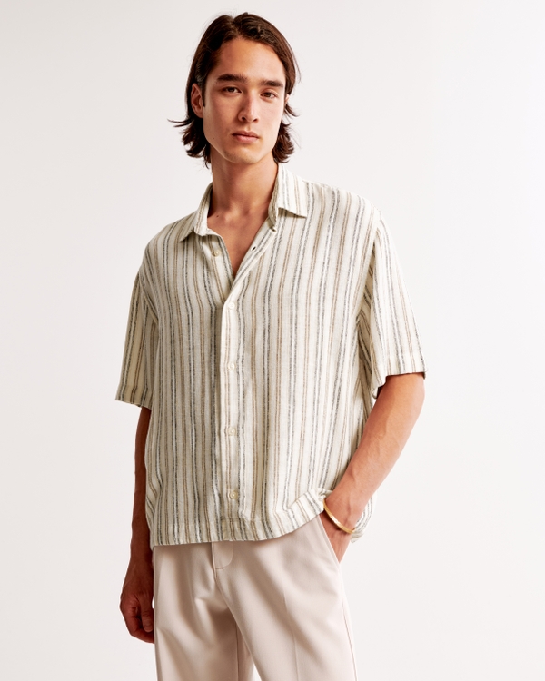 Camp Collar Cropped Summer Linen-Blend Shirt, Cream Stripe