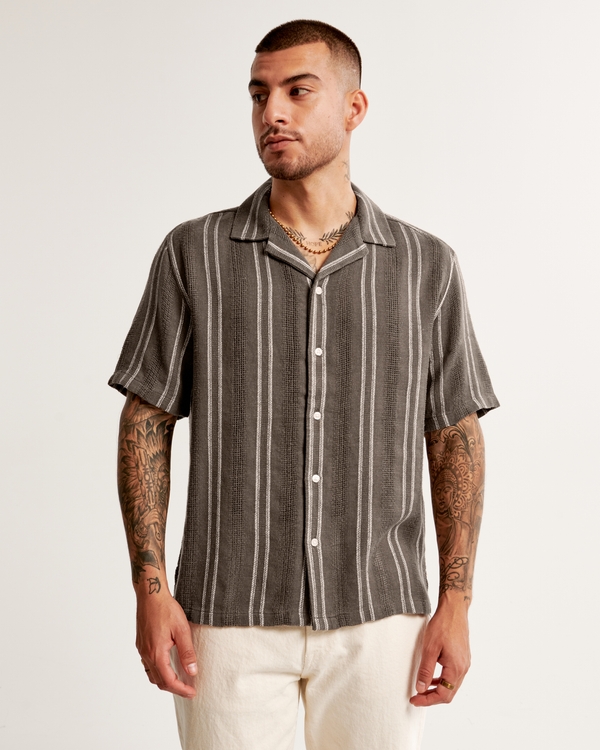 Camp Collar Summer Linen-Blend Shirt, Dark Brown Stripe