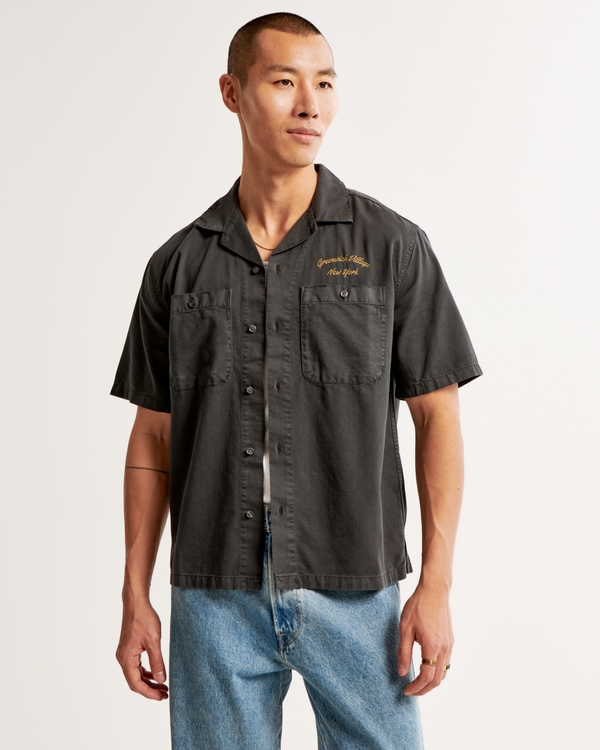 Camp Collar Workwear Graphic Shirt, Dark Grey