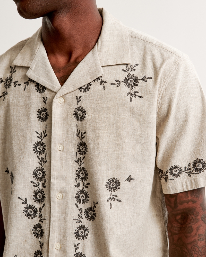 Men's Camp Collar Summer Linen-Blend Embroidered Shirt