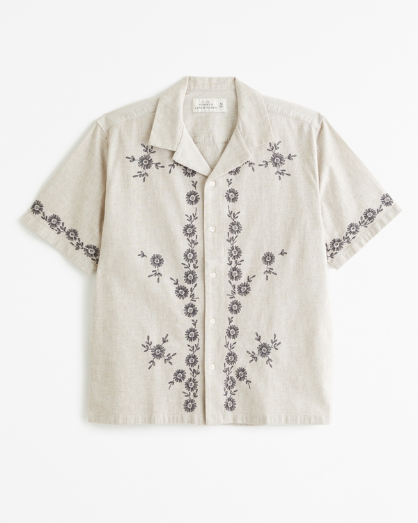 Camp Collar Summer Linen-Blend Embroidered Shirt, Light Brown Pattern