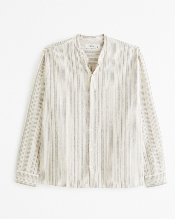 Banded Collar Summer Linen-Blend Shirt, Tan Stripe