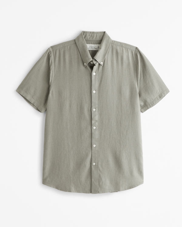 Short-Sleeve Summer Linen-Blend Button-Up Shirt, Gray Green