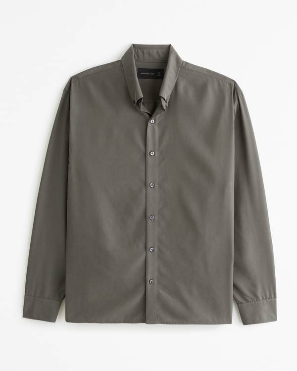 Long-Sleeve Cupro Button-Up Shirt, Olive Green