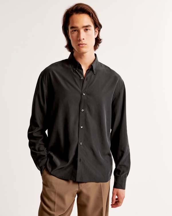 Long-Sleeve Cupro Button-Up Shirt, Black