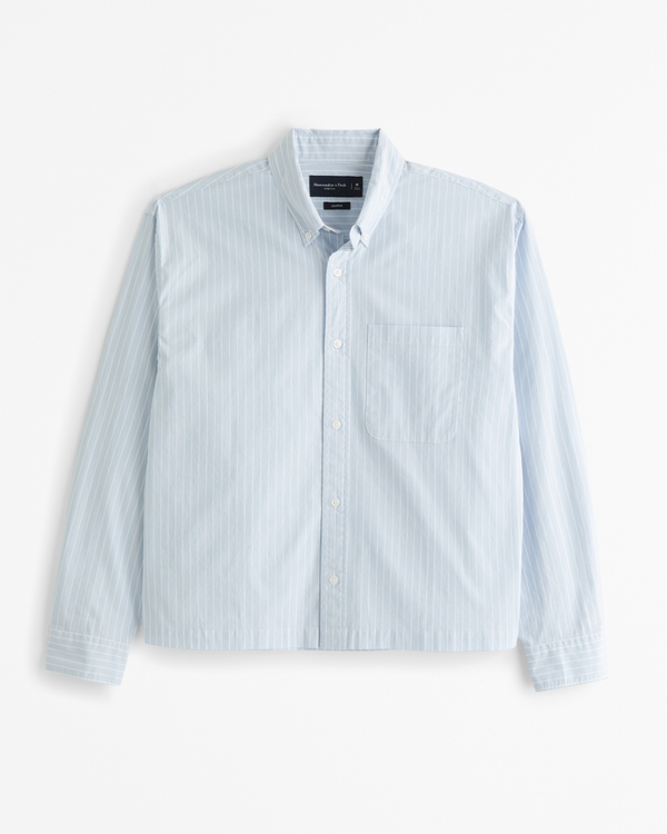 Cropped Poplin Button-Up Shirt, Light Blue Stripe