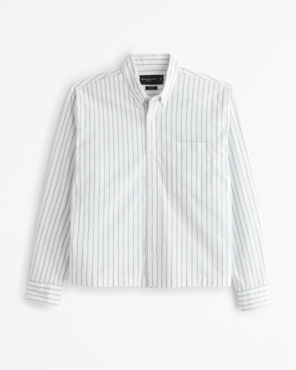 Cropped Poplin Button-Up Shirt, White Stripe