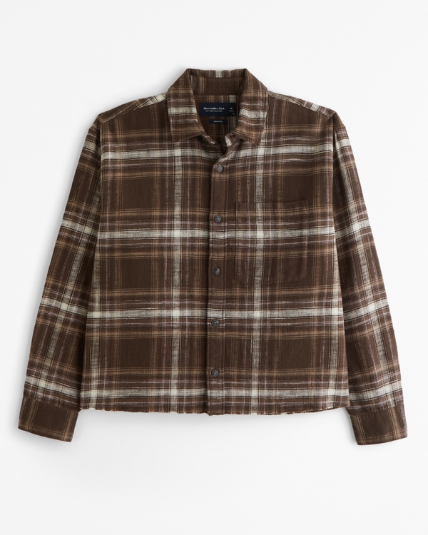 Cropped Flannel, Dark Brown Plaid