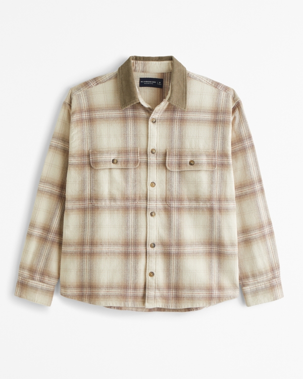 90s Oversized Flannel, Cream Plaid