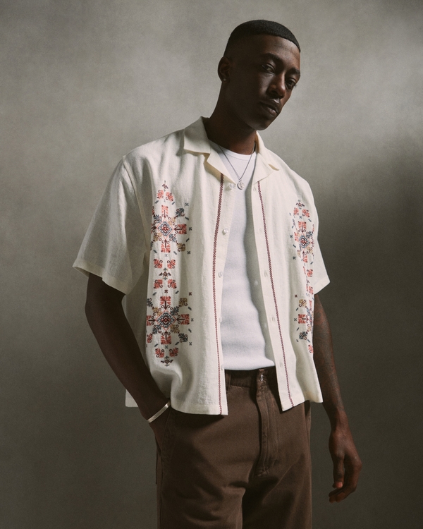 Camp Collar Cropped Summer Linen-Blend Embroidered Shirt