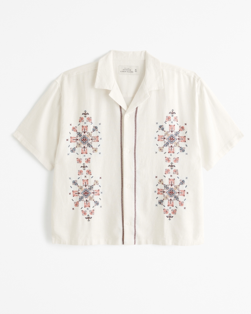 Men's Camp Collar Summer Linen-Blend Embroidered Shirt, Men's Tops