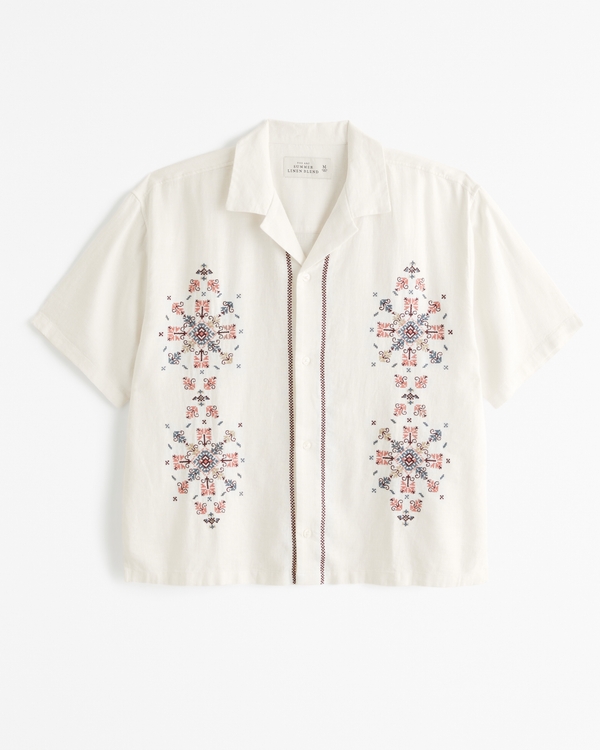 Camp Collar Cropped Summer Linen-Blend Embroidered Shirt, Off White Pattern