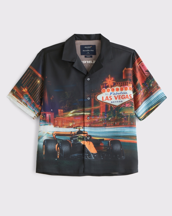 McLaren Camp Collar Cropped Silky Button-Up Shirt, Black Pattern view 1