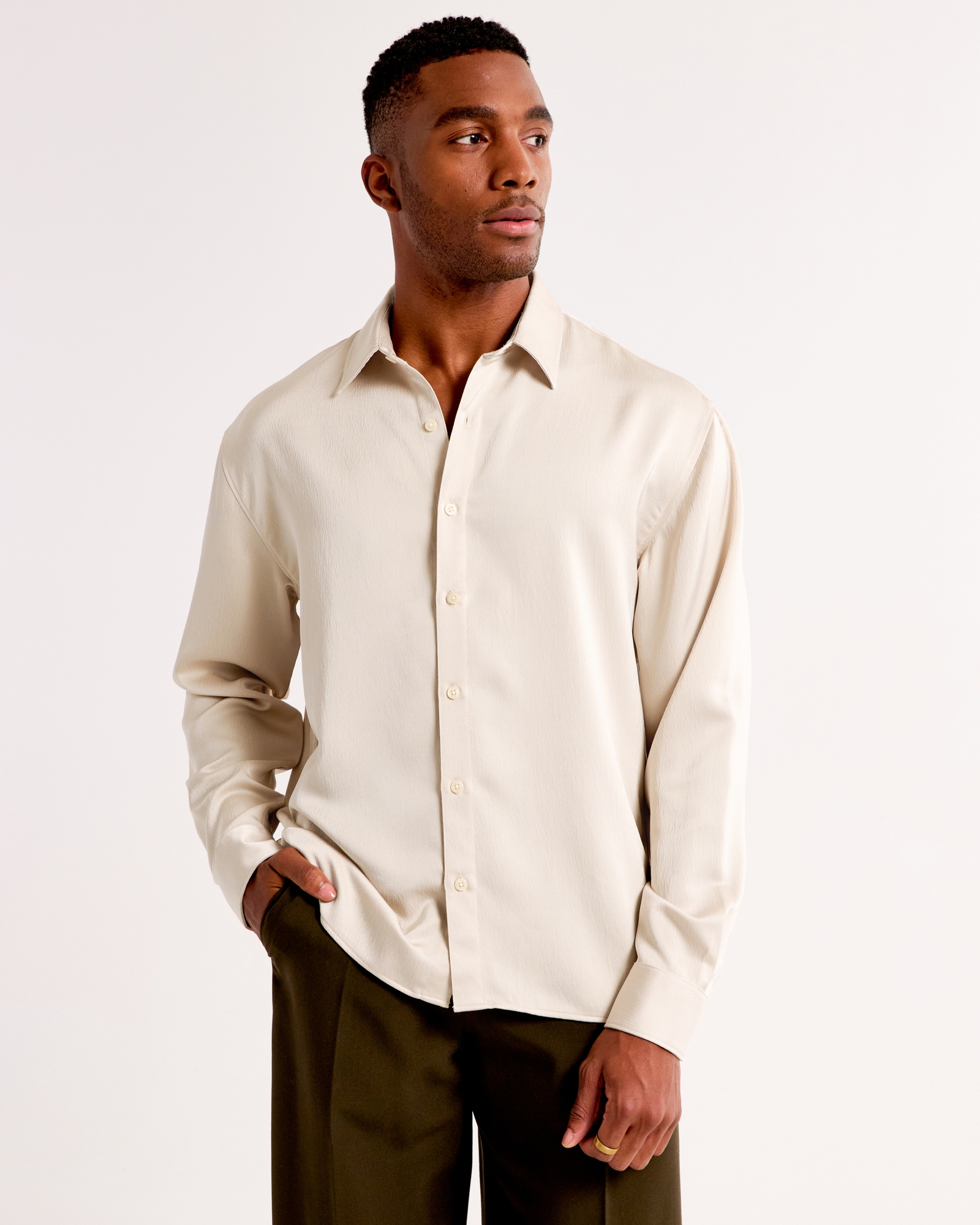 Long-Sleeve Silky Button-Up Shirt