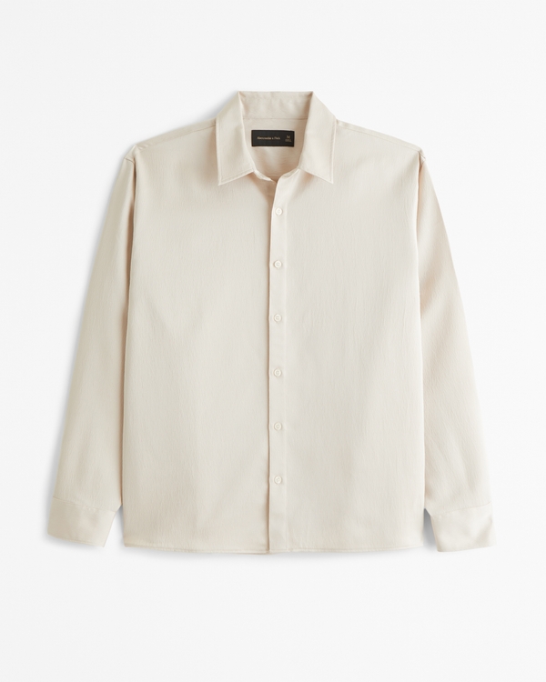 Long-Sleeve Silky Button-Up Shirt, Cream