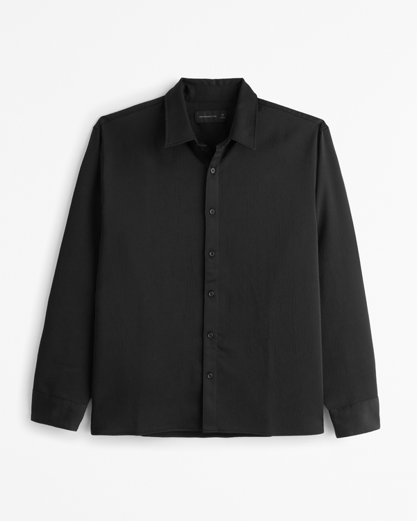 Long-Sleeve Silky Button-Up Shirt, Black