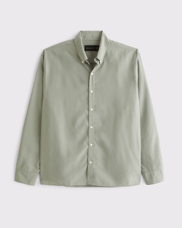 Long-Sleeve Cupro Button-Up Shirt, Frosty Olive