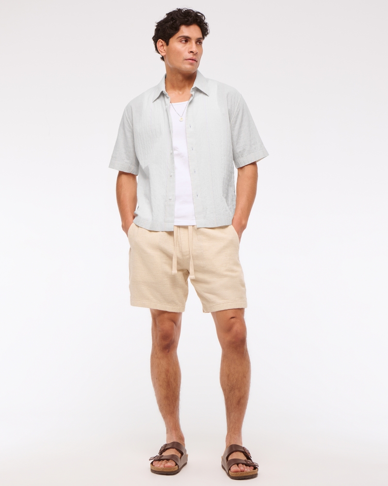 Short-Sleeve Cropped Textured Button-Up Shirt