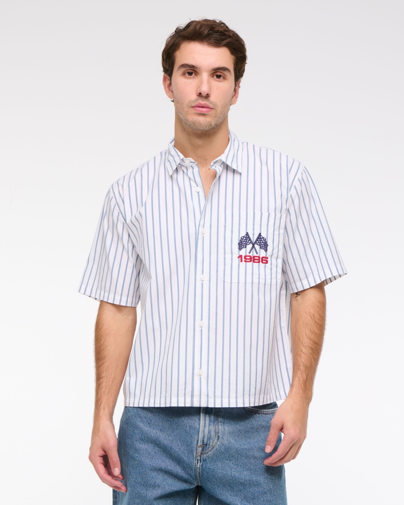 Short-Sleeve Cropped Racing Workwear Button-Up Shirt