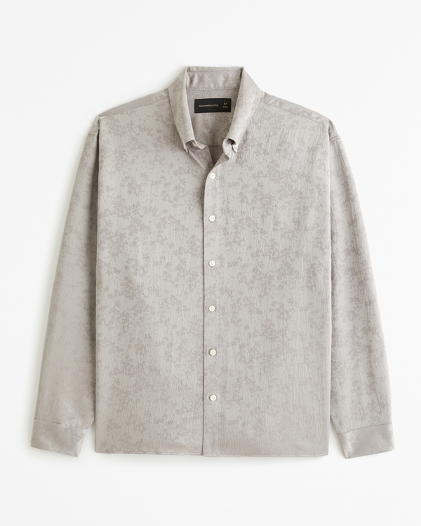 Jacquard Button-Up Shirt, Grey Floral