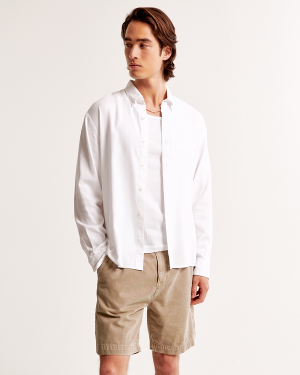 Textured Crepe Button-Up Shirt, White