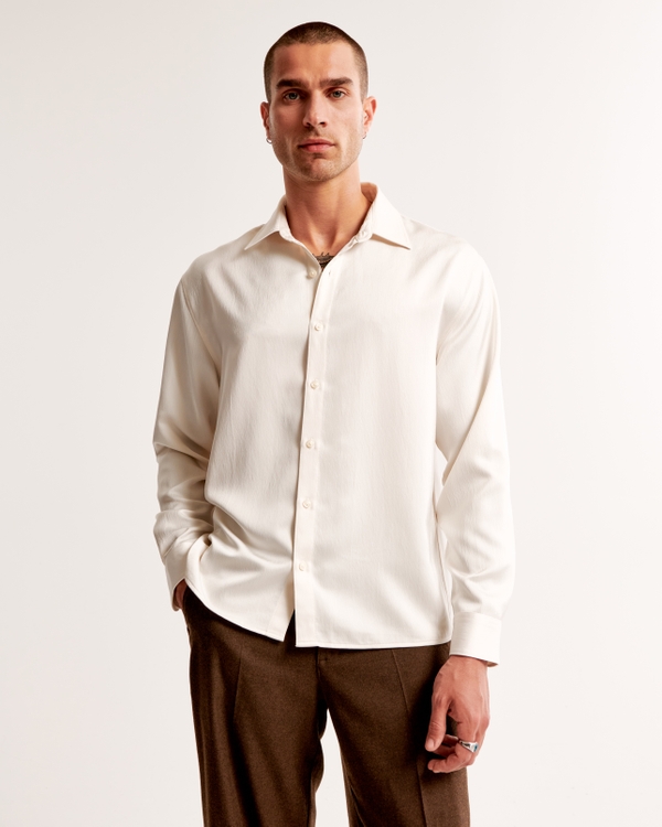 Long-Sleeve Silky Jacquard Button-Up Shirt, Cream