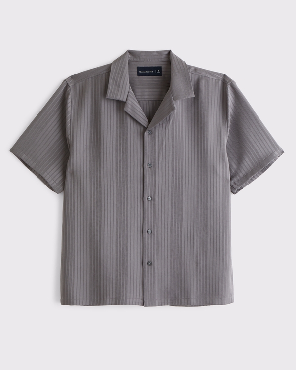 Camp Collar Textured Button-Up Shirt, Cool Gray Stripe view 1