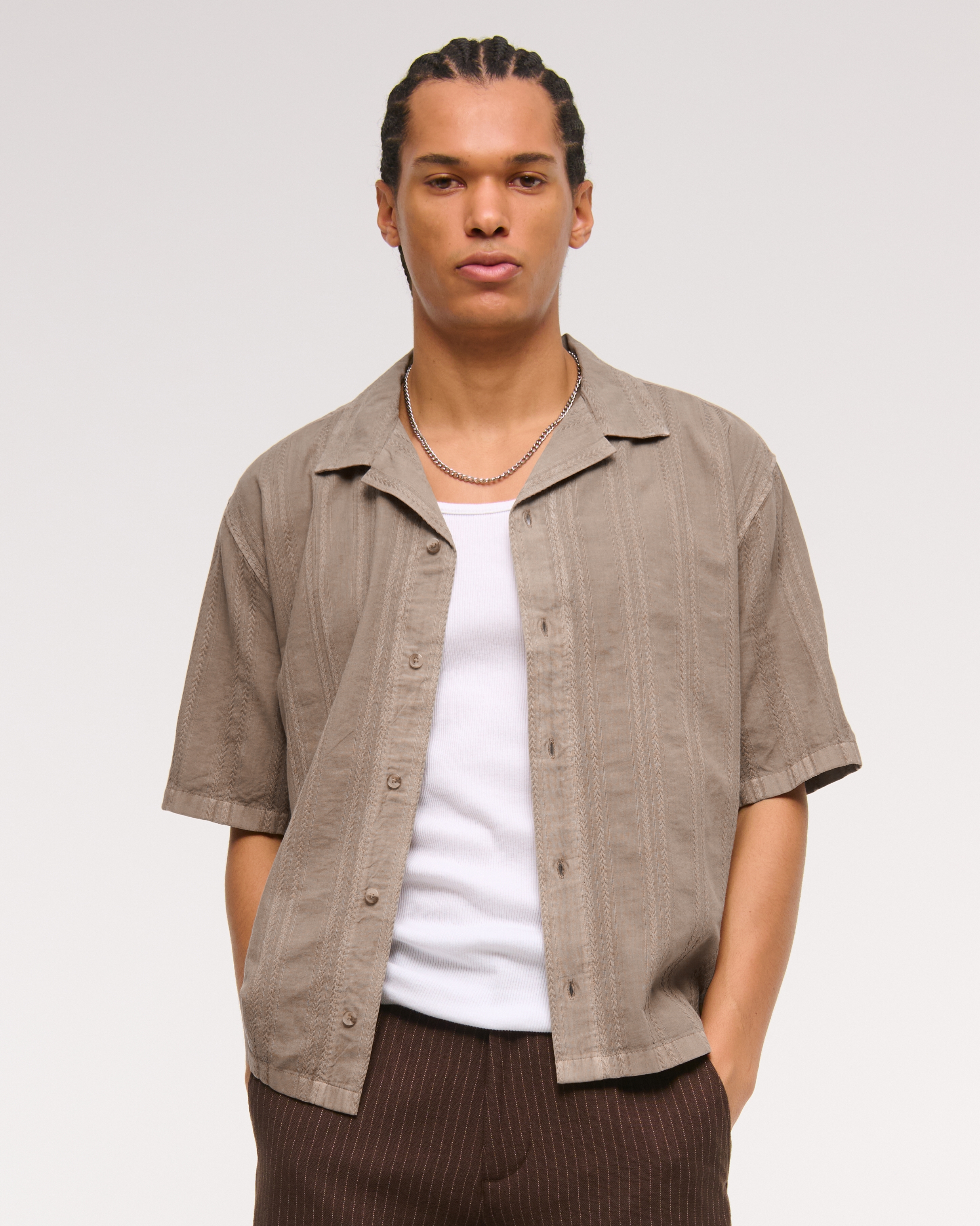 Abercrombie & Fitch Camp Collar Braided Button-up Shirt In Brown