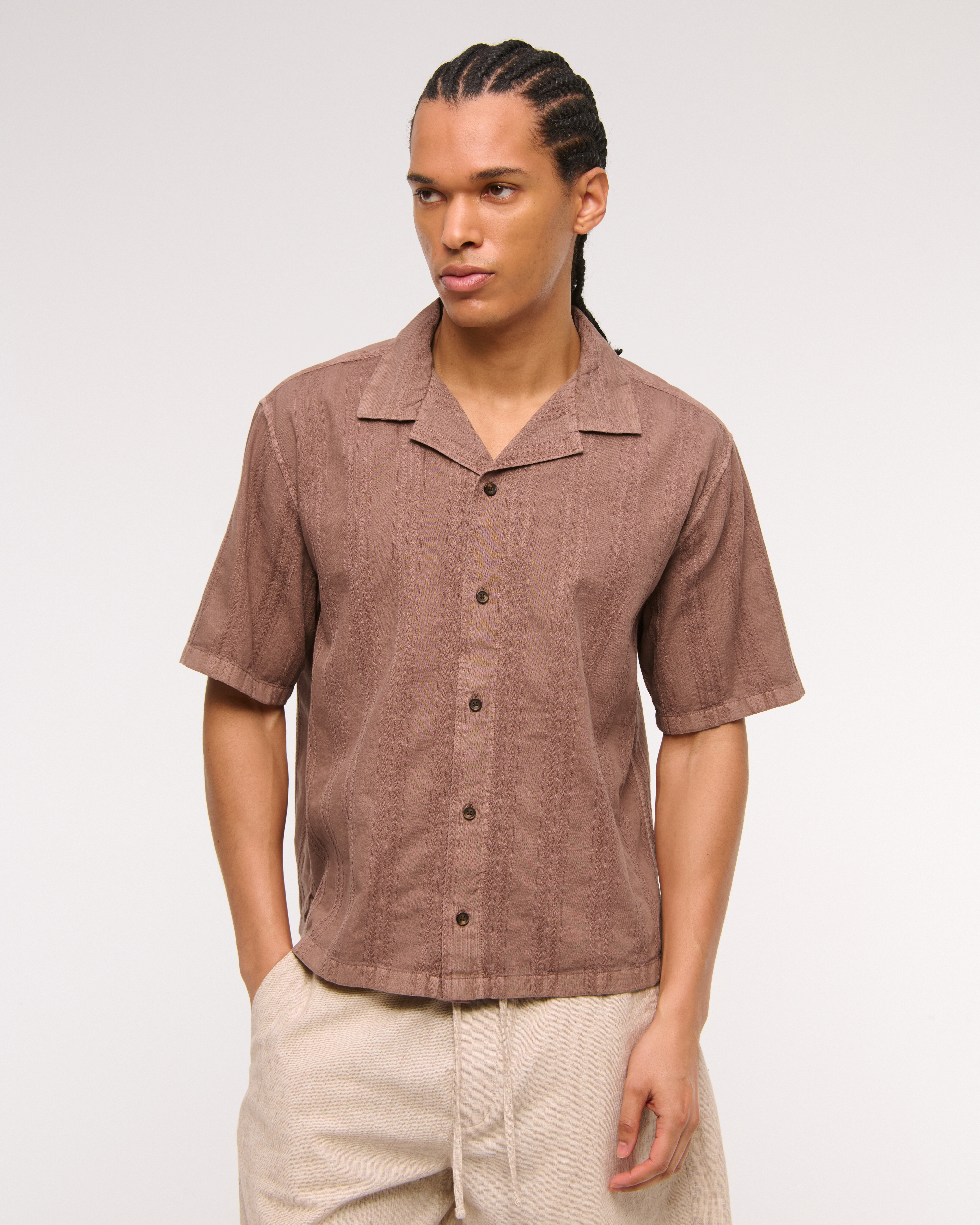 Abercrombie & Fitch Camp Collar Braided Button-up Shirt In Brown