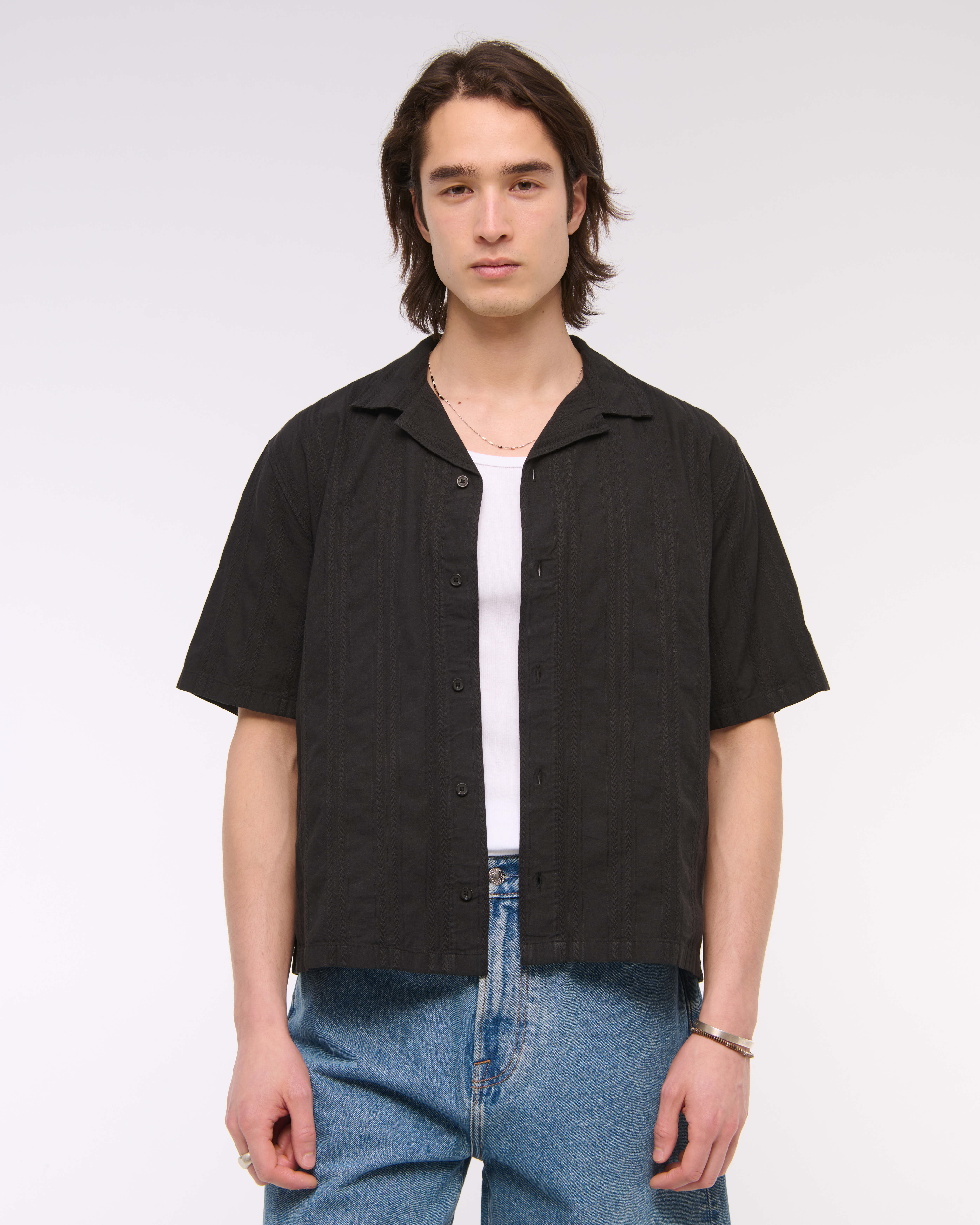 Abercrombie & Fitch Camp Collar Braided Button-up Shirt In Black