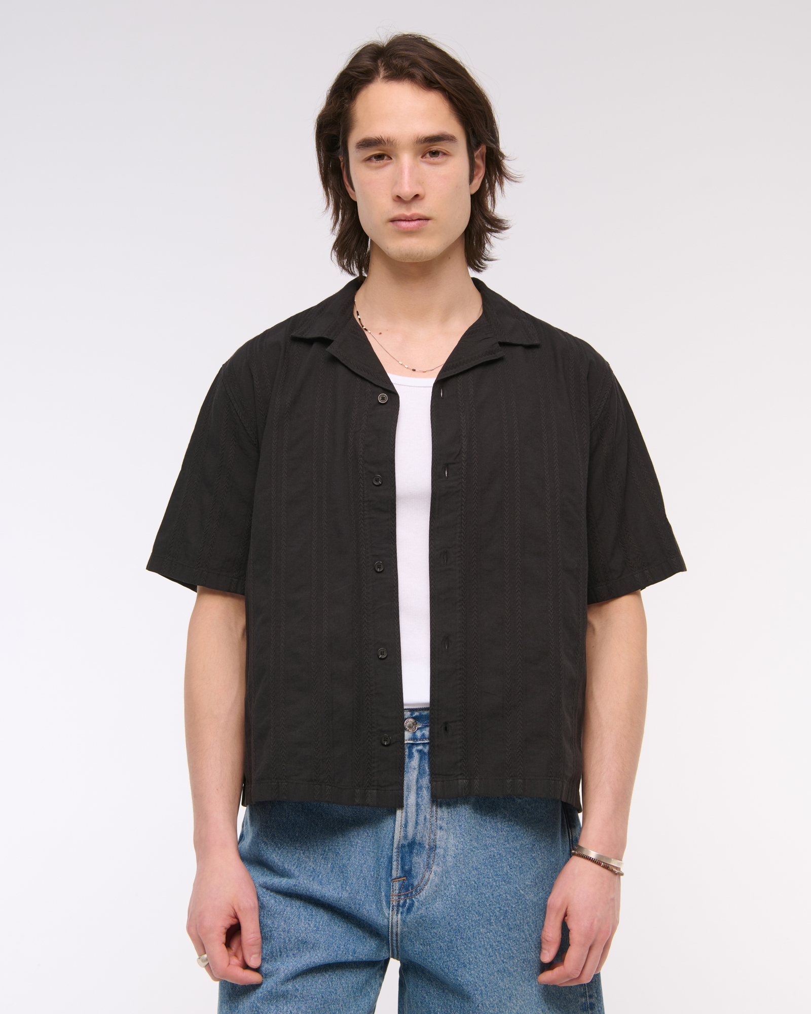 Camp Collar Braided Button-Up Shirt