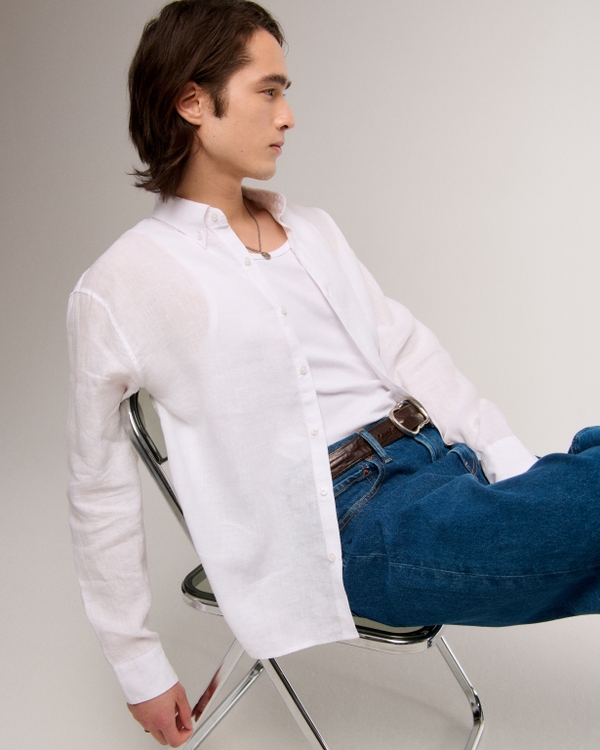Linen Button-Up Shirt, White view 1