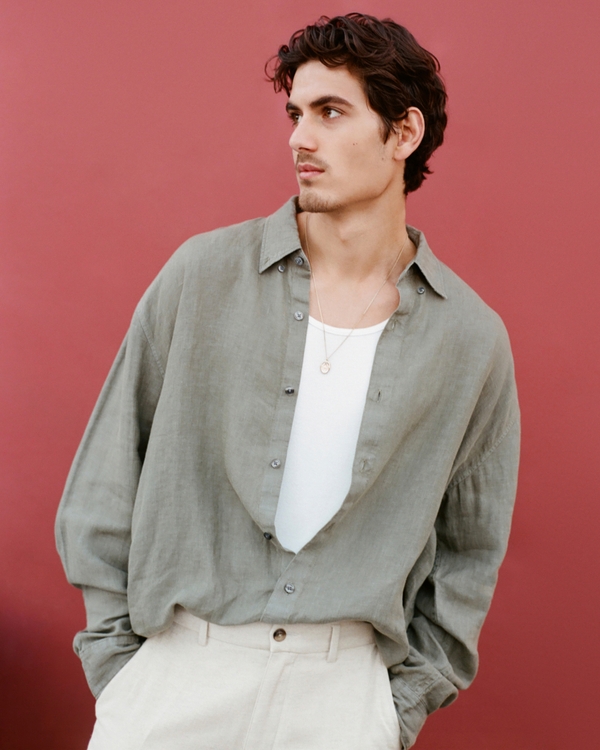 Linen Button-Up Shirt, Dark Sage view 1