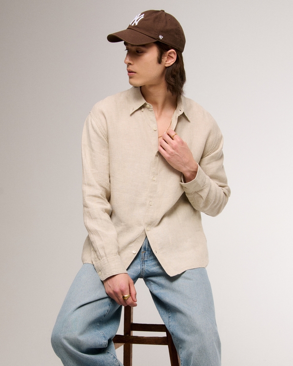 Linen Button-Up Shirt, Cream Texture view 1