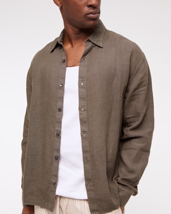 Linen Button-Up Shirt, Olive Brown view 2