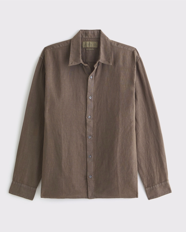 Linen Button-Up Shirt, Olive Brown view 1