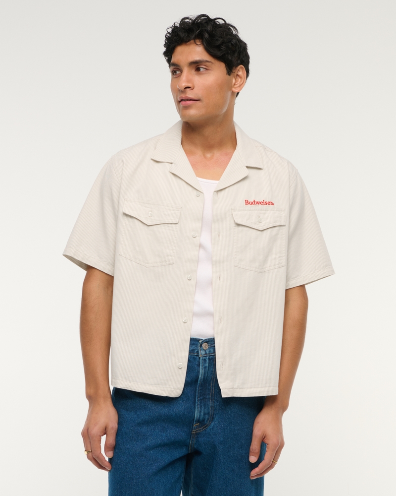 Short-Sleeve Cropped Budweiser Workwear Button-Up Shirt