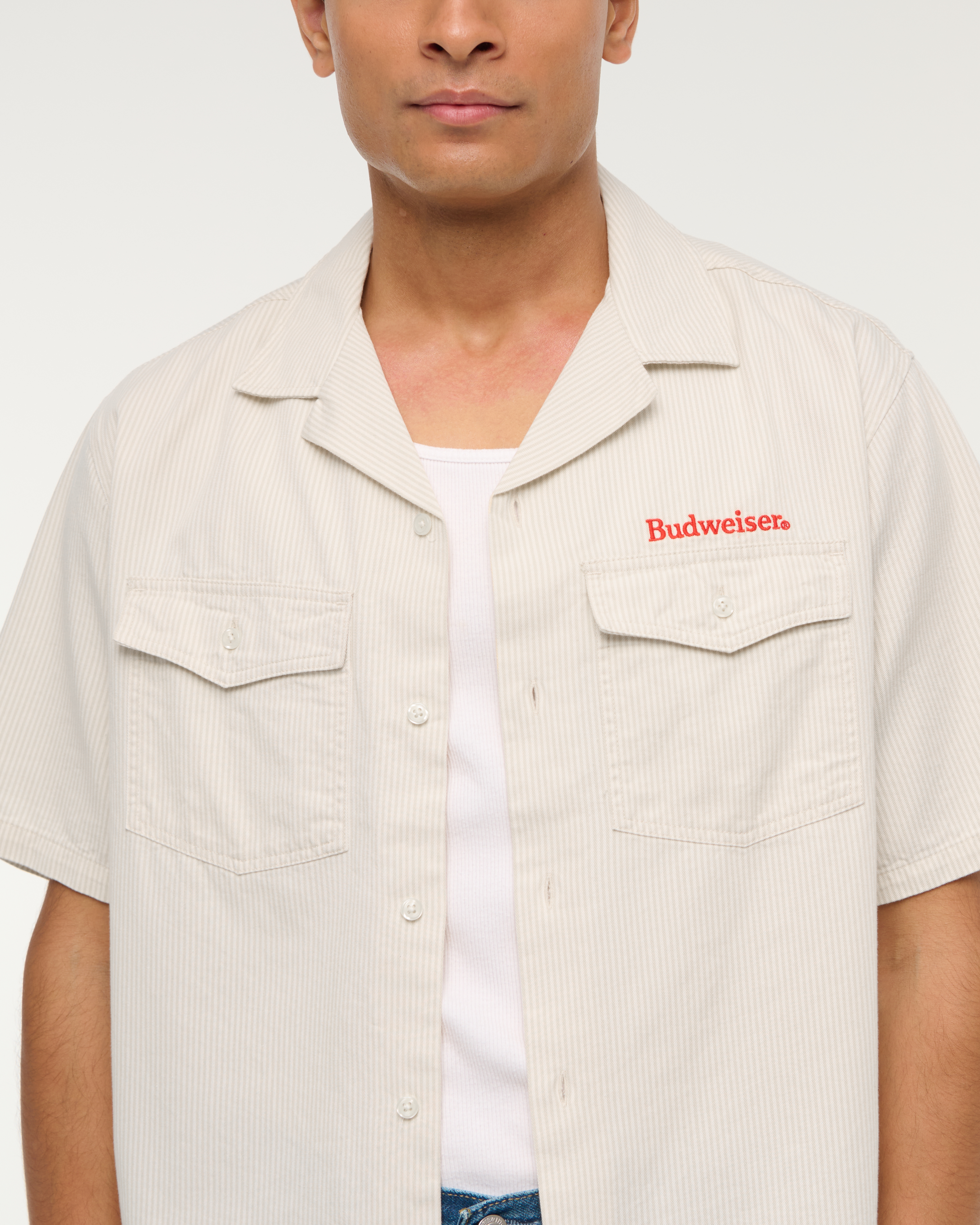 Men's Short-Sleeve Cropped Budweiser Workwear Button-Up