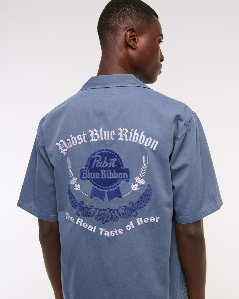 Short-Sleeve Cropped Pabst Workwear Button-Up Shirt