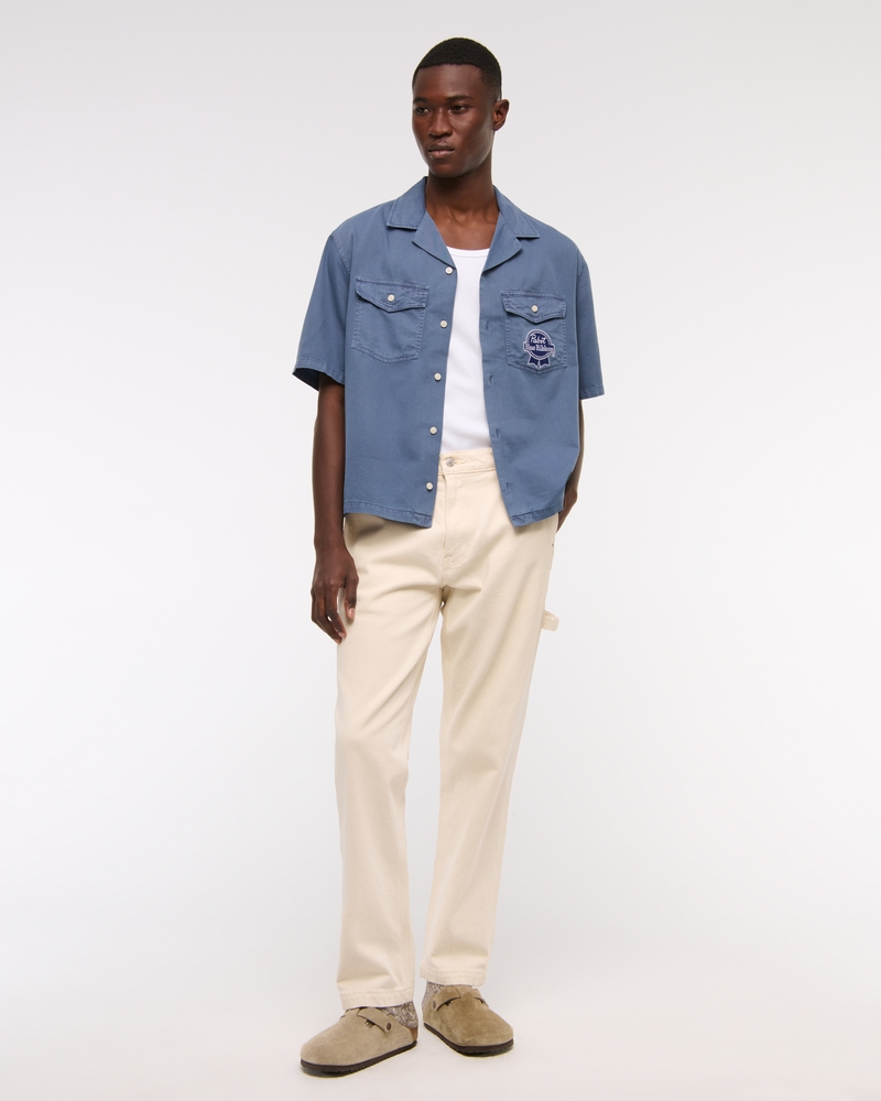 Short-Sleeve Cropped Pabst Workwear Button-Up Shirt