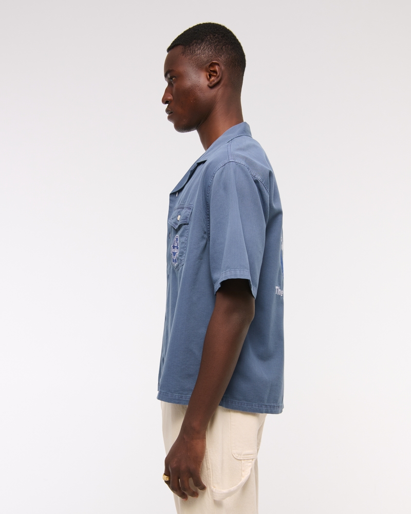 Short-Sleeve Cropped Pabst Workwear Button-Up Shirt