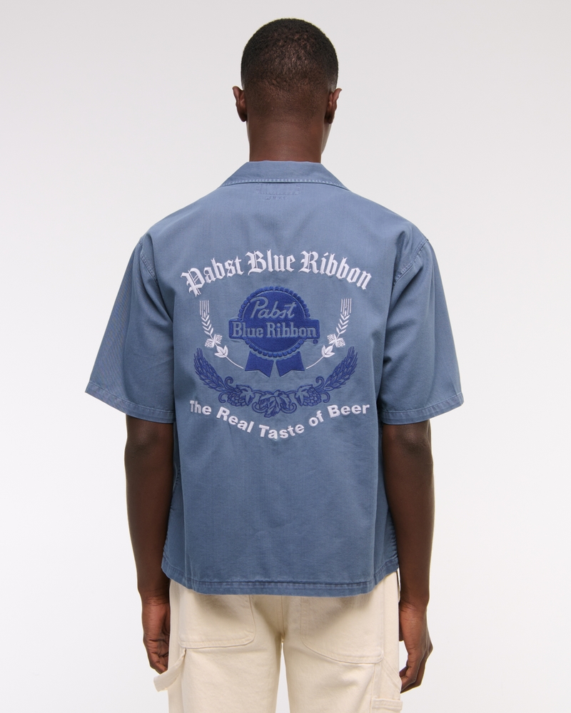 Short-Sleeve Cropped Pabst Workwear Button-Up Shirt